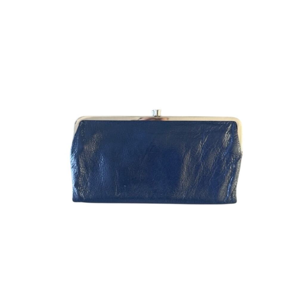 HOBO International Lauren Double Frame Clutch Wallet Navy Blue Glazed Leather